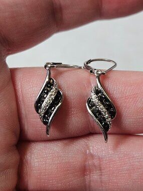 925 Sterling Silver White & Black Diamond Swirl 3 Row Earrings